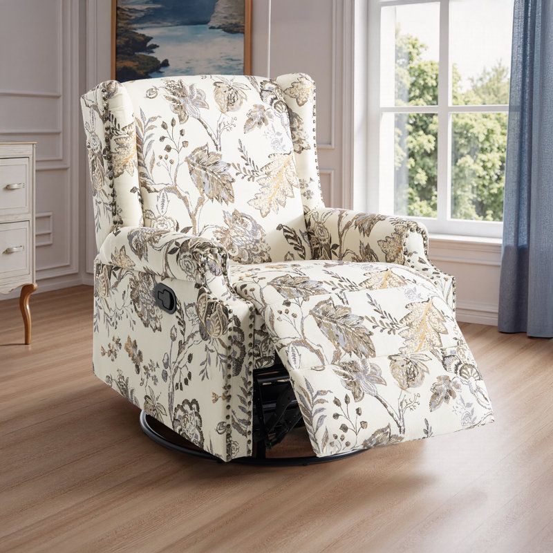 Upholstered Classic Wing Back Manual Handle Swivel Rock Glider Recliner with Naihead Trims, Plants Beige