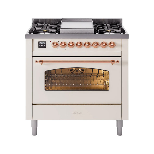 ILVE Nostalgie series cream freestanding gas range with copper trim, digital display, and integrated griddle.