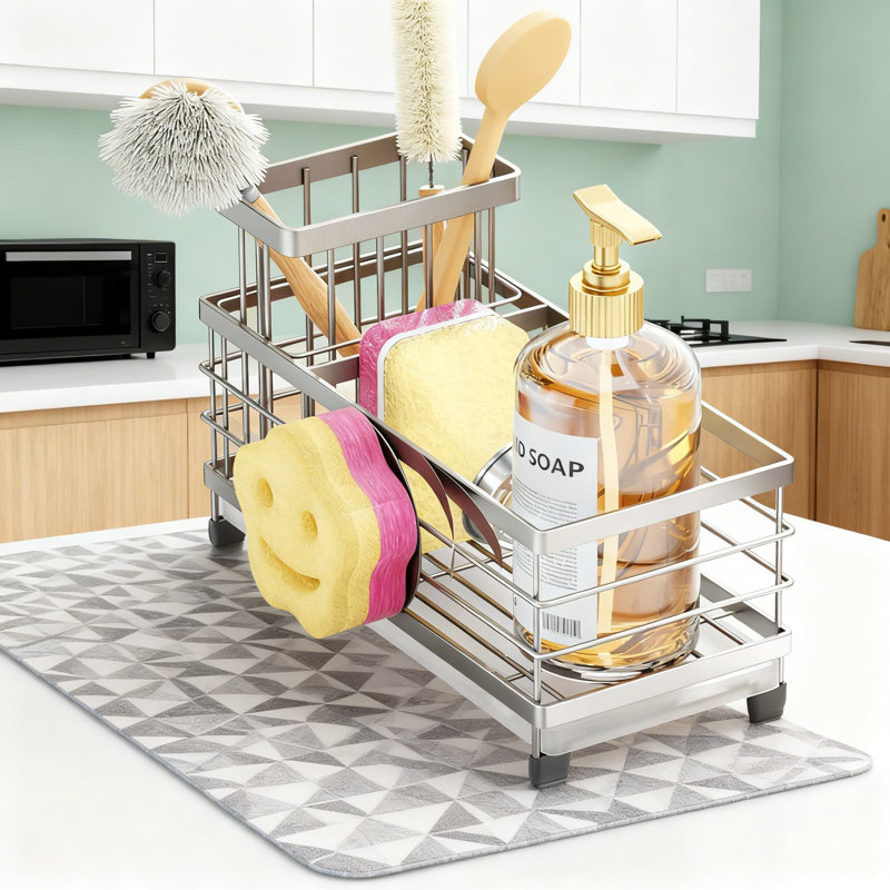 Porte-éponge pour évier avec surface Smiley, drainage rotatif à 360 ° et porte-brosse amovible, organisateur d'évier de cuisine en acier inoxydable pour comptoir