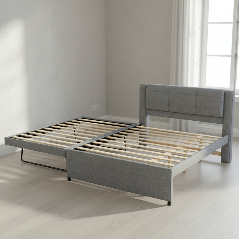Full Size Platform Bed with Pop-up Trundle, Gray