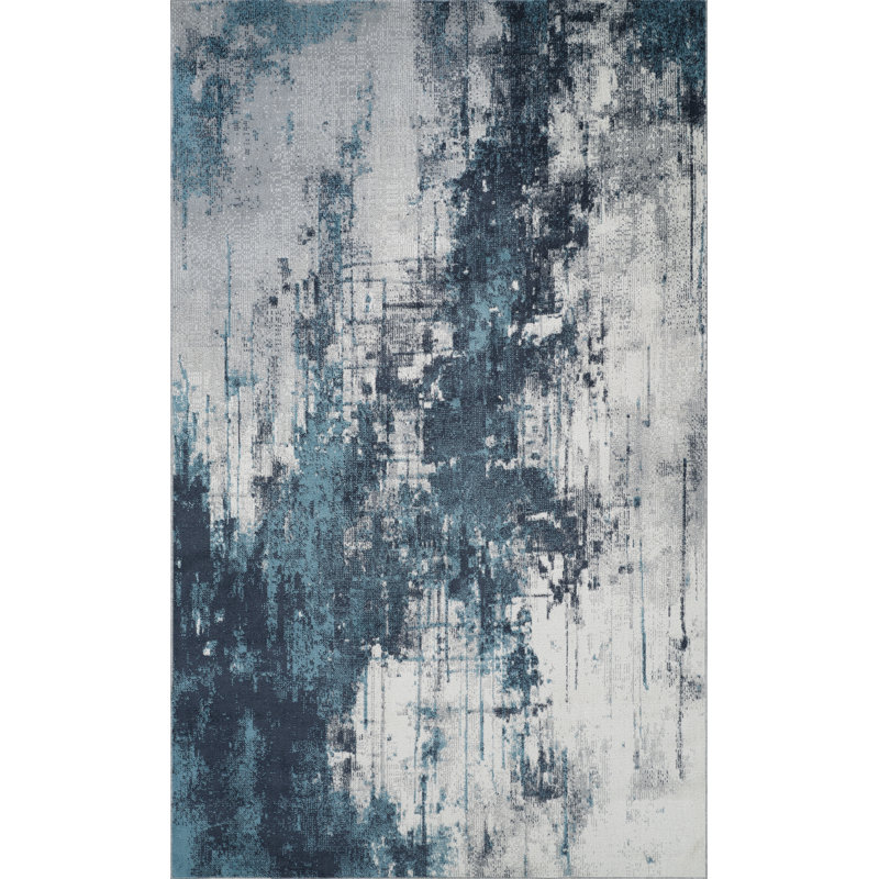 Machine Washable Liam Blue/Gray Rug, Rectangle 5' x 8'