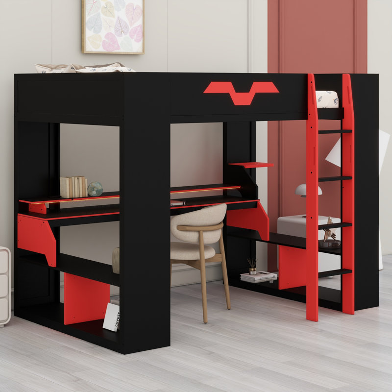 Contemporary Wood Loft Bed with USB/Type-C Ports, Power Outlet & RGB Lights, Red