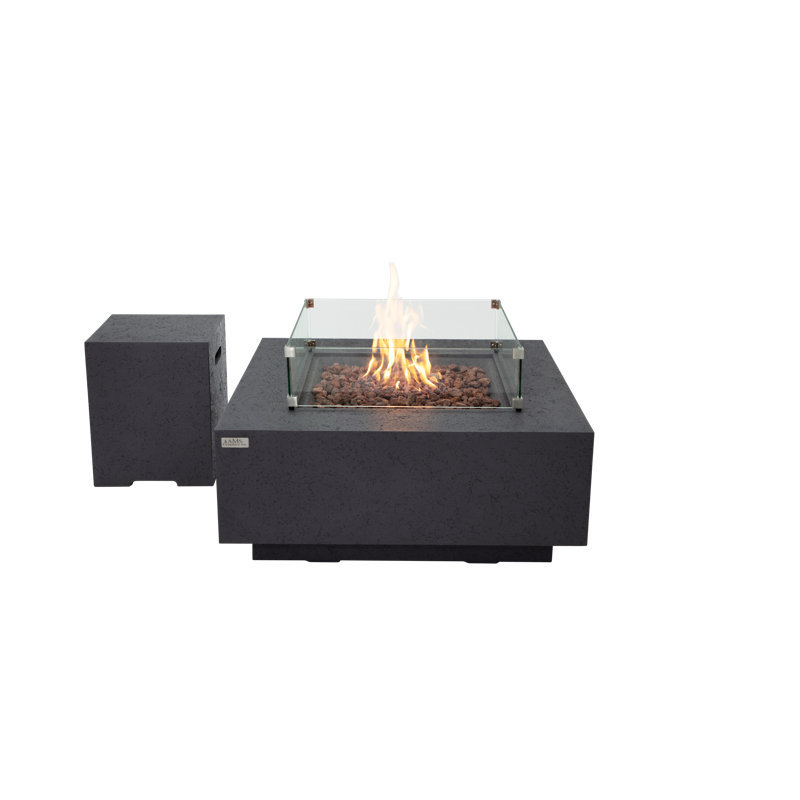 Brooklyn 40" Travertine Fire Pit Table with Windscreen, Burner Lid, And Propane Tank Cover, Dark Gray