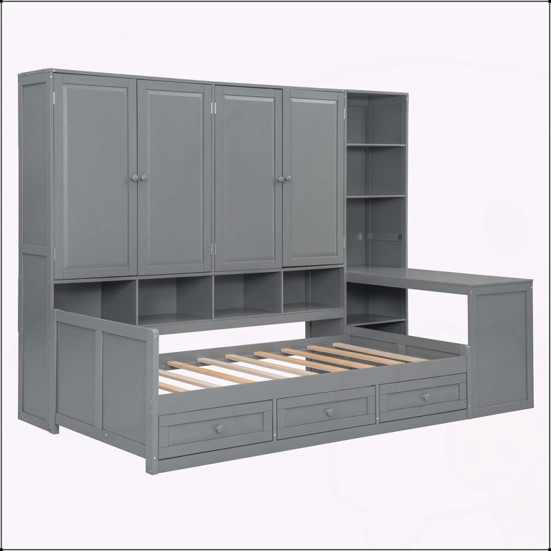 Versatile Wooden Daybed with Integrated Storage and Workspace for All Ages, Twin, Grey