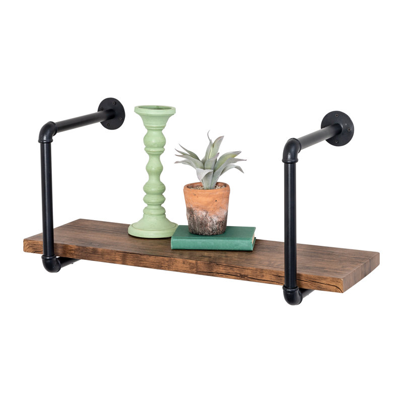 Black and Rustic Brown Industrial Steel and Wood Wall Shelf