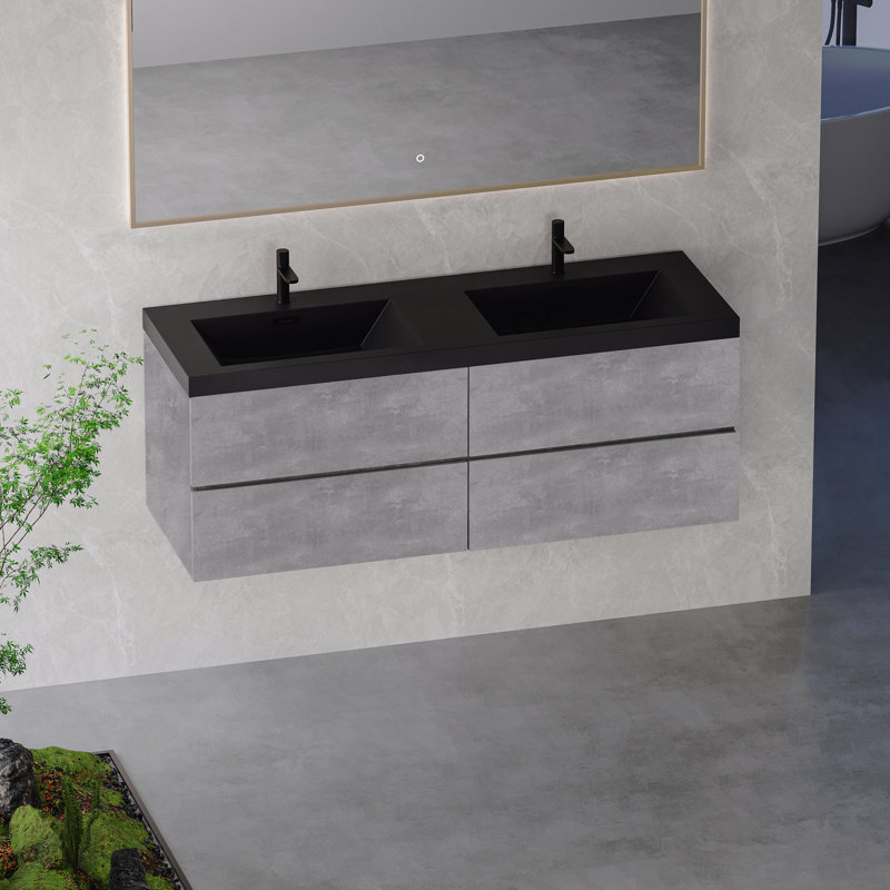 Meuble-lavabo flottant double à cuve double, armoire murale moderne, cuves à double cuve en quartz noir, 4 tiroirs à fermeture en douceur
