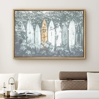 " Surfboards Stacked Against Palm Trees "