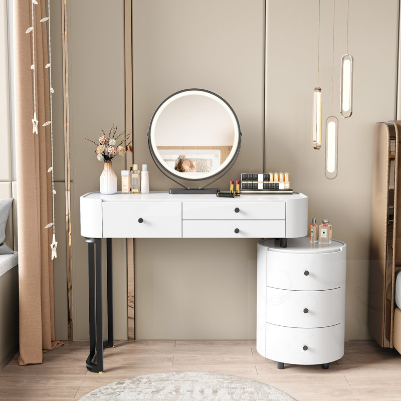 Dressing Table With Detachable Mirror And Rotatable Side Cabinet
