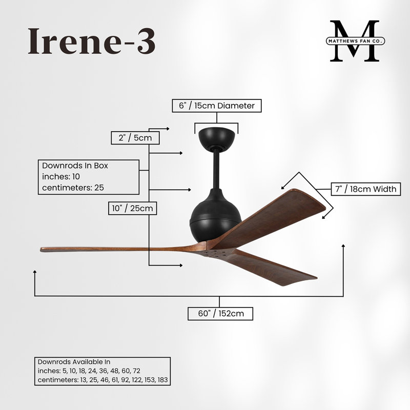 60" Irene Paddle 3 Blade Ceiling Fan, Walnut Tone, 60", Matte Black