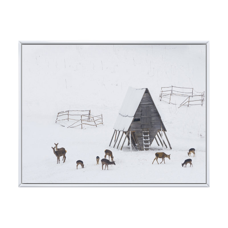 Chevreuils sur la neige - reproduction d'art sur toile traditionnelle, H 8 po x l 12 po x P 1 po, Cadre flottant blanc