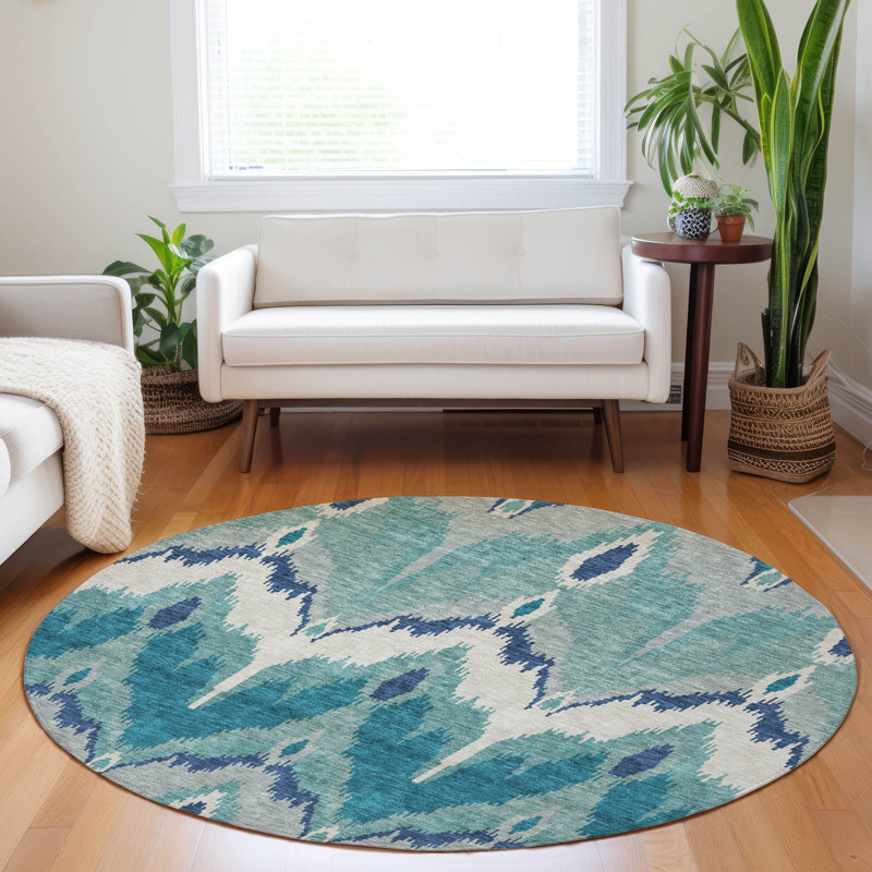 Premium Machine Washable Prisco Teal Rug, Round 8'