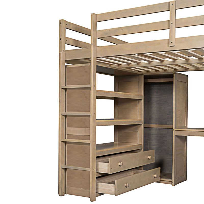Lit mezzanine en bois avec garde-robe intégré, Noyer