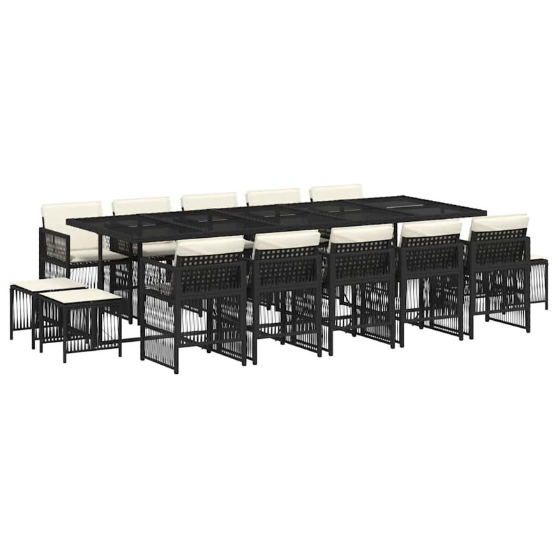 15 Piece Garden Dining Set with Cushions Poly Rattan, 15 Pieces: Table, 4 Stools, 10 Chairs, Cream White, Black