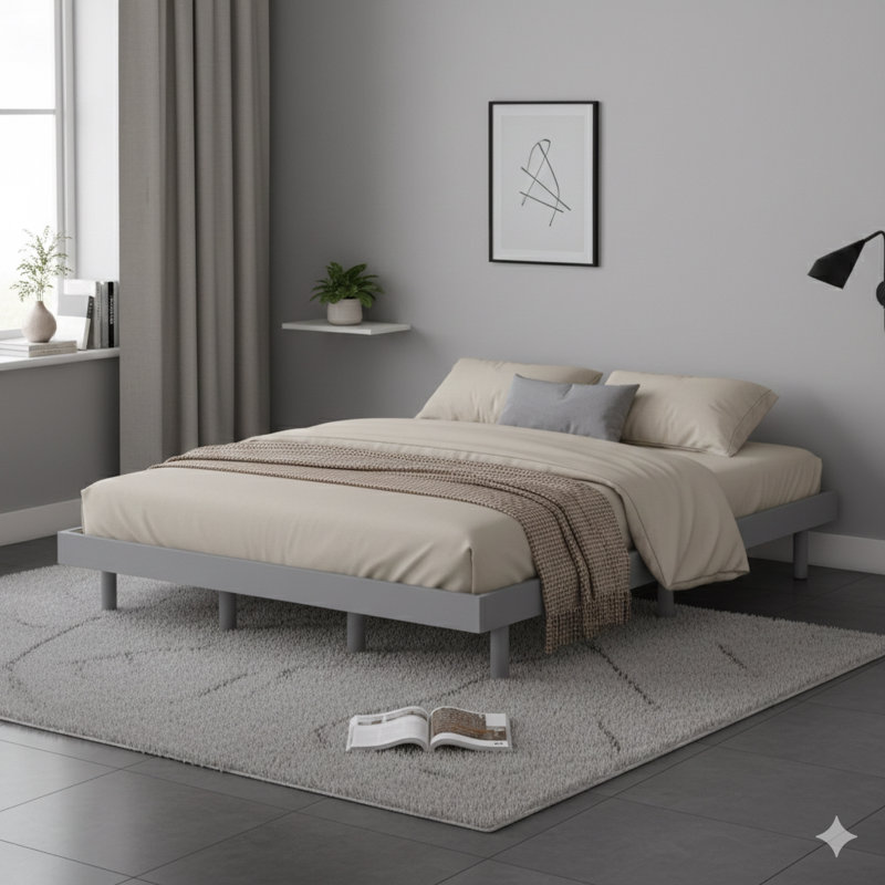 Contemporary-Styled Queen-Sized Floating Platform Bed Frame, In Grey.