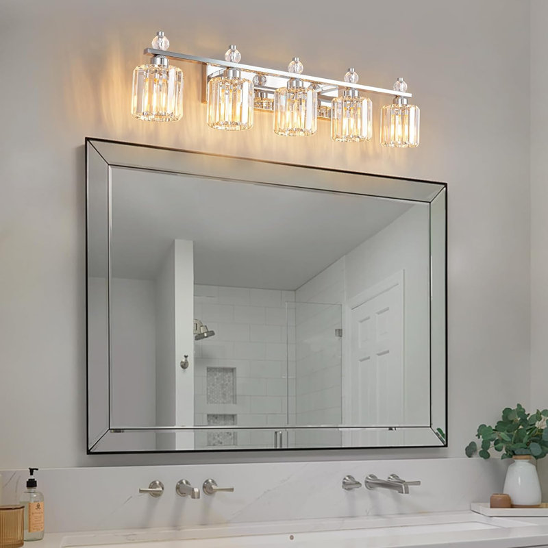 Modern Crystal Bathroom Vanity Light Fixture With 5-Light Design, And Clear K9 Crystal Shades For Over Mirror Installation
