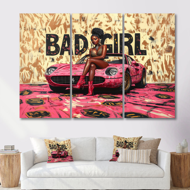 «Bad Girl On Exotic Car - Fashion Girl Power», ensemble de reproduction d'art mural, Toile tendue, H 28 po x l 36 po x P 1 po