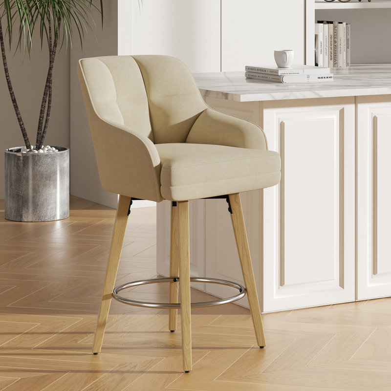 Modern Swivel Bar Stool With Backrest, Armrests And Wood Legs - Counter Height Chair For Kitchen Island, Brown