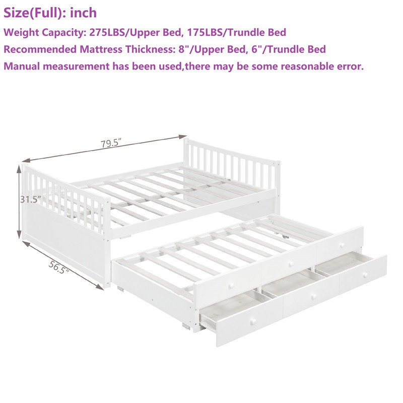 Full size Bed with Trundle & Storage Drawer, White