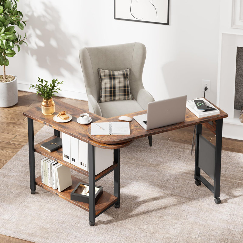 360° End Table Rotating Sofa Side Table with Charging Station Swivel Side Table with Extra Storage Bag Movable End Table with 6 Swivel Wheels with Brakes for Bedroom Living Room