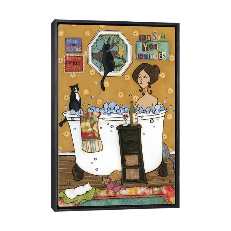 « Wash your kitties » par Jamie Morath-impression, H 26 po x l 18 po x 1,5 po, Toile avec cadre noir patiné, Pas de tapis