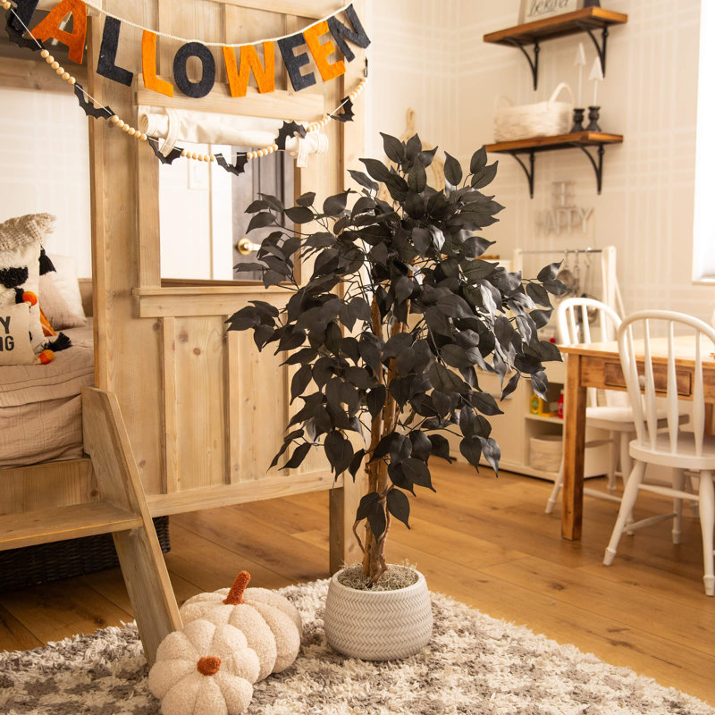 Artificial Halloween Black Ficus Tree With Natural Trunk, 36" H x 24" W x 24" D