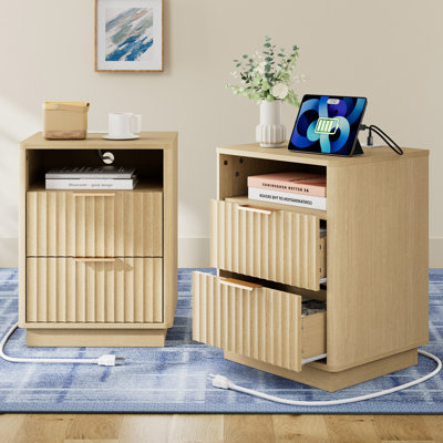 Jenkins 18''W Nightstand Set of 2 with 2-Drawer Open Cubby, Built-In Charge Outlets