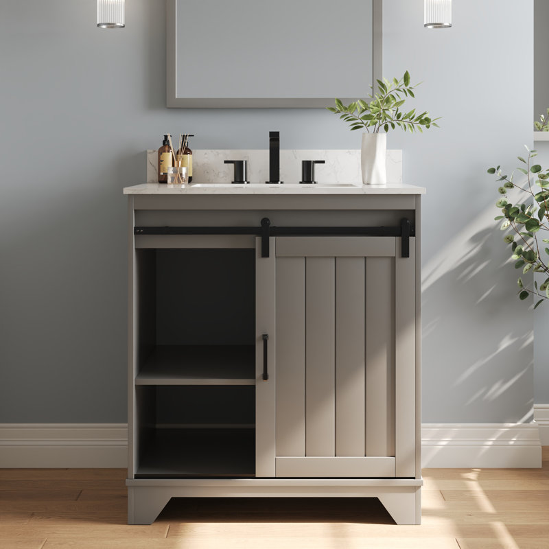 Gray 30" Freestanding Bathroom Vanity with Ceramic Sink and Storage Baskets