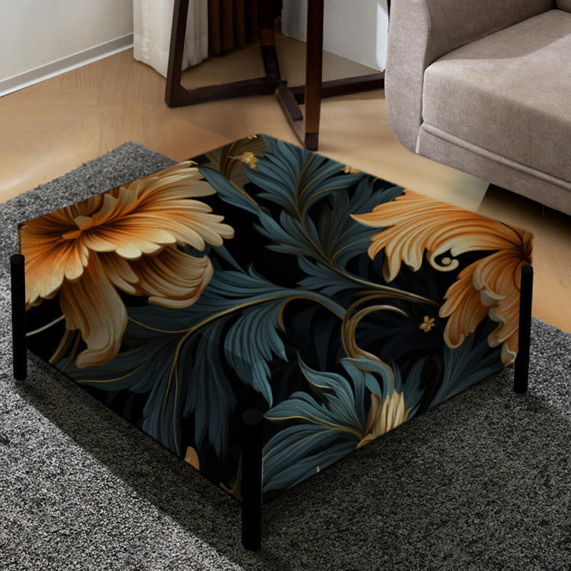 Golden and Dark Poppies Damask - Grand repose-pieds carré damassé