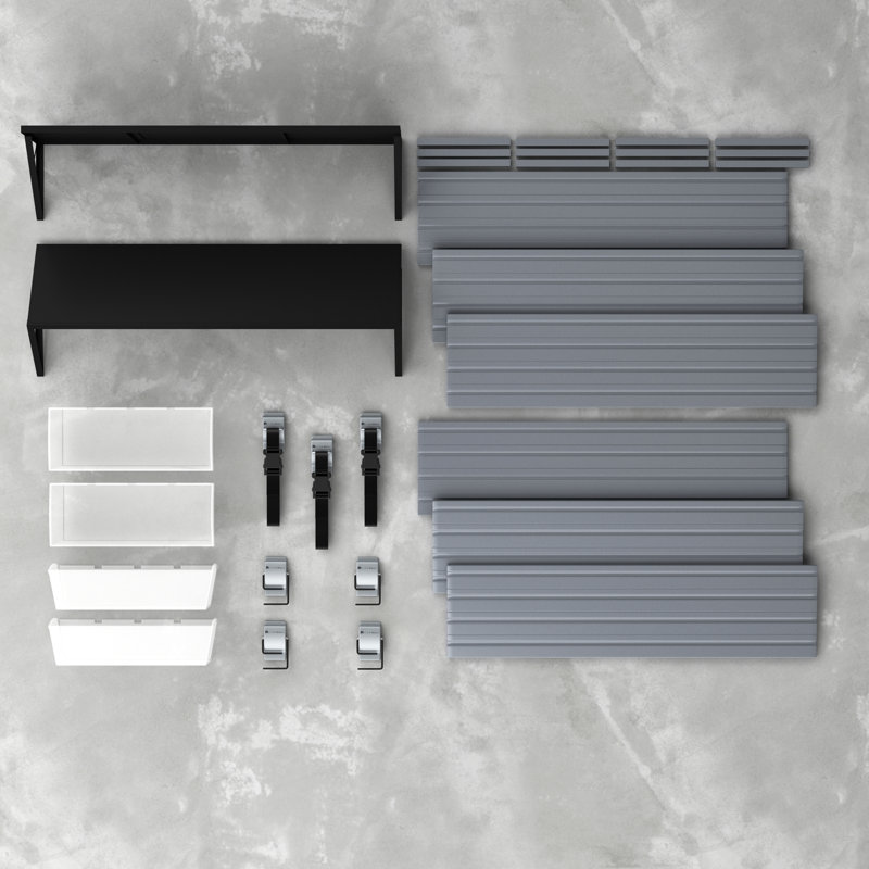 Flow Wall 14 Piece Slatwall Panel, Heavy Duty Shelf, Bin & Hook Storage Set - Slatwall, Silver
