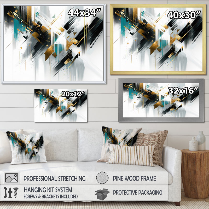 " Teal Gold Cubist Kaleidoscope I ", H 30 po x l 40 po x P 1,5 po, Cadre flottant doré