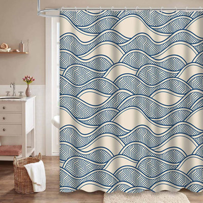 Waterproof Geometric Ocean Doodle Abstract Wave Shower Curtain with 12 Hooks