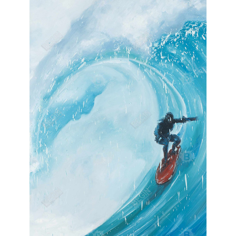 «Surfer on a Big Wave» - Toile encadrée turquoise