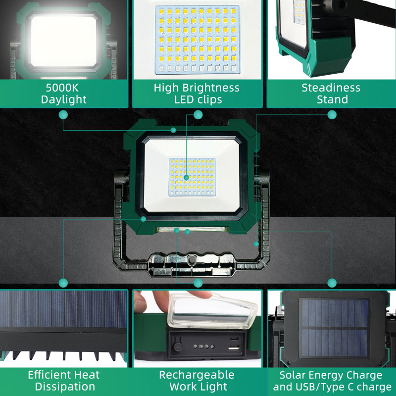 2000 Lumen Led Rechargeable Solar Work Light With Magnetic Base, Charge By Usb/Solar