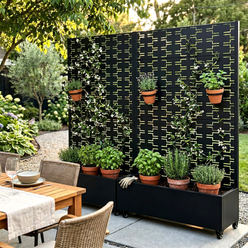 Forson Galvanized Metal Planter Box with Trellis and Wheels, 72" H x 47" W x 16" D, Black