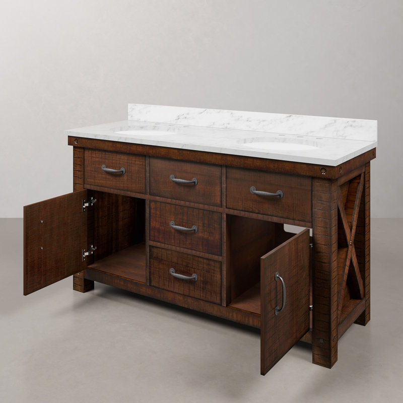 Aberdeen 60'' W Double Vanity, Carrara White, Rustic Sienna