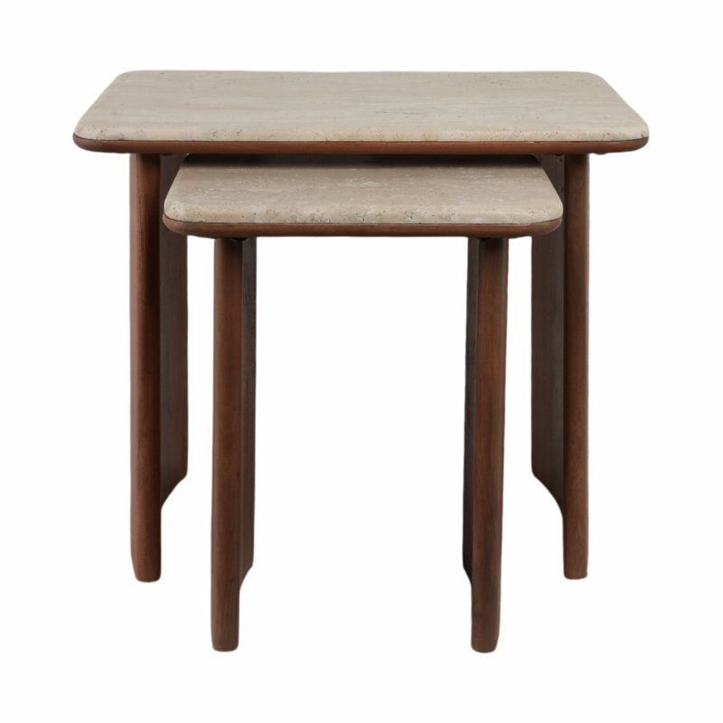Kip Nested Travertine & Acacia Wood Side Tables