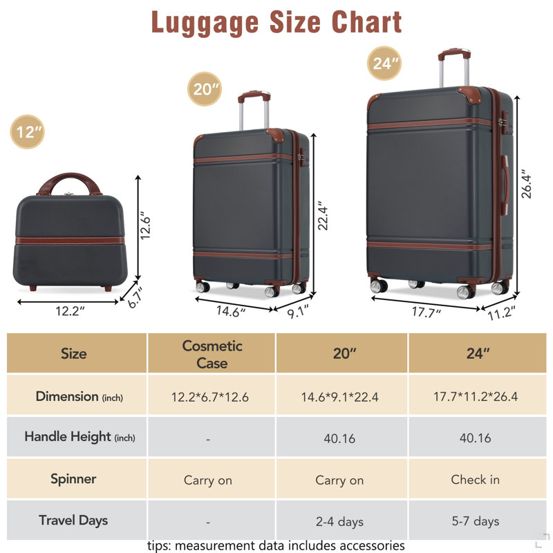 Hardshell ensembles de bagages 3 pièces 20 "+ 24" Valise Valise avec serrure TSA