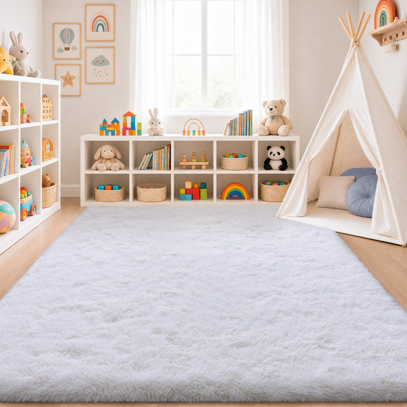 Solid Rug Soft Fluffy White Indoor Area Rug for Living Room Bedroom Nursery Kids Room, Rectangle 6' x 9', White