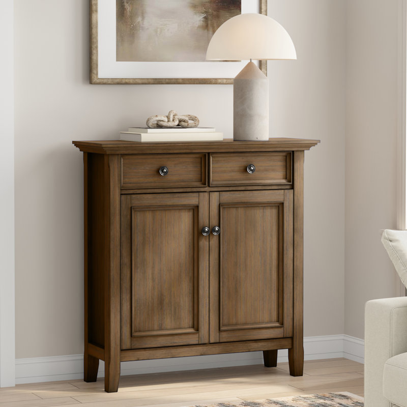 Armoire de rangement en bois massif avec 2 tiroirs et tablettes réglables Manervia, Brun rouillé naturel vieilli