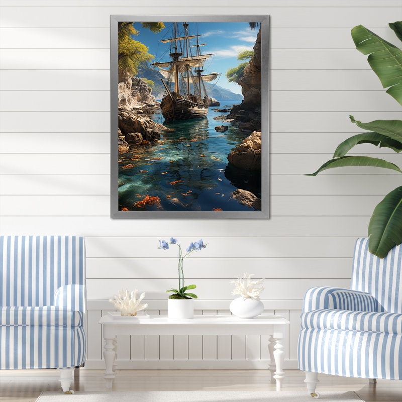 Bateau pirate tropical caché sur toile, Cadre photo argenté, H 44 po x l 34 po x P 1,5 po