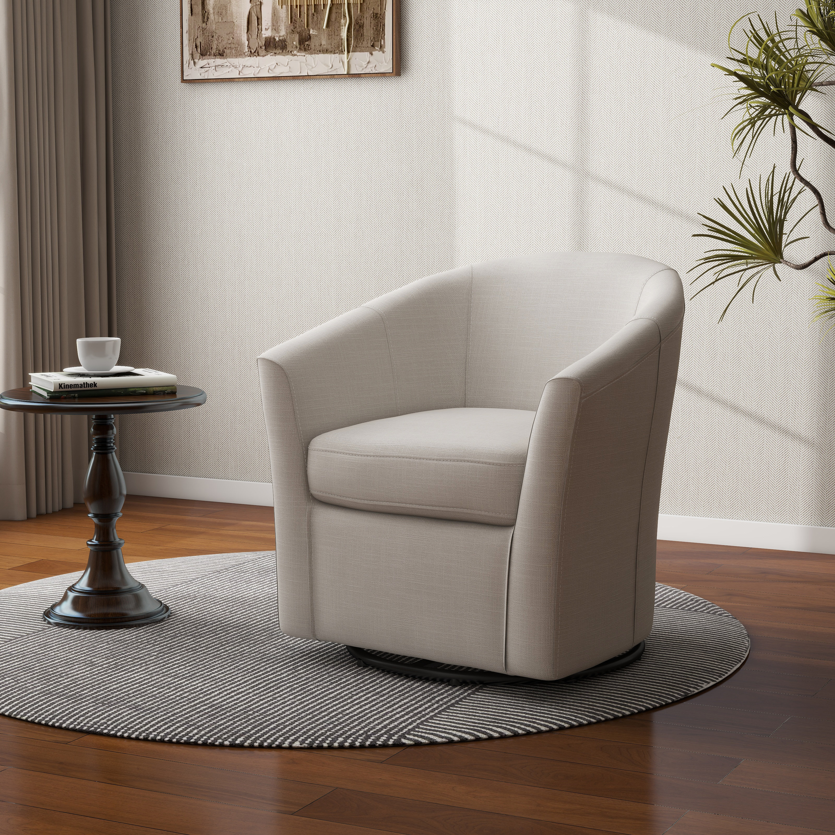 Tufted linen deals swivel barrel chair