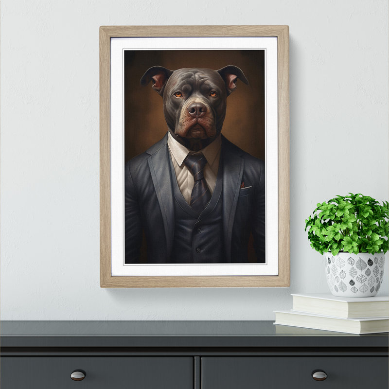 Staffordshire Bull Terrier in a Suit Painting - Framed Print, Oak Framed, 64cm H x 46cm W x 2cm D