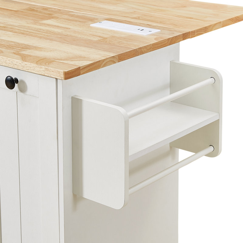 61.5" Rolling Kitchen Island With  Large Storage Cabinets And Trash Can Storage,2 Locking Wheels,Power Outlet For Kitchen, Dining Room
