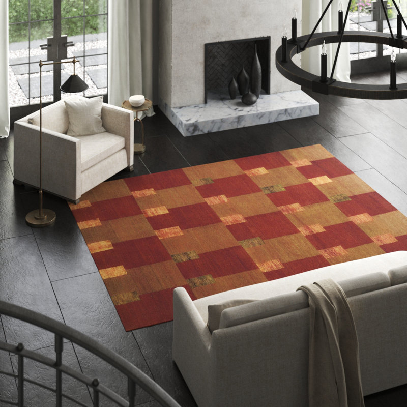 Wool Geometric Area Rug in Beige/Green/Red, Rectangle 6' x 9'