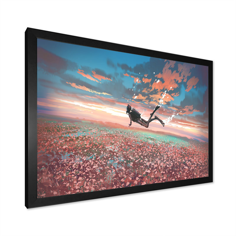 Jeu vidéo surréel scène plongeur flottant - peinture sur toile, Cadre d'angle fermé noir, H 8 po x l 12 po x P 1 po