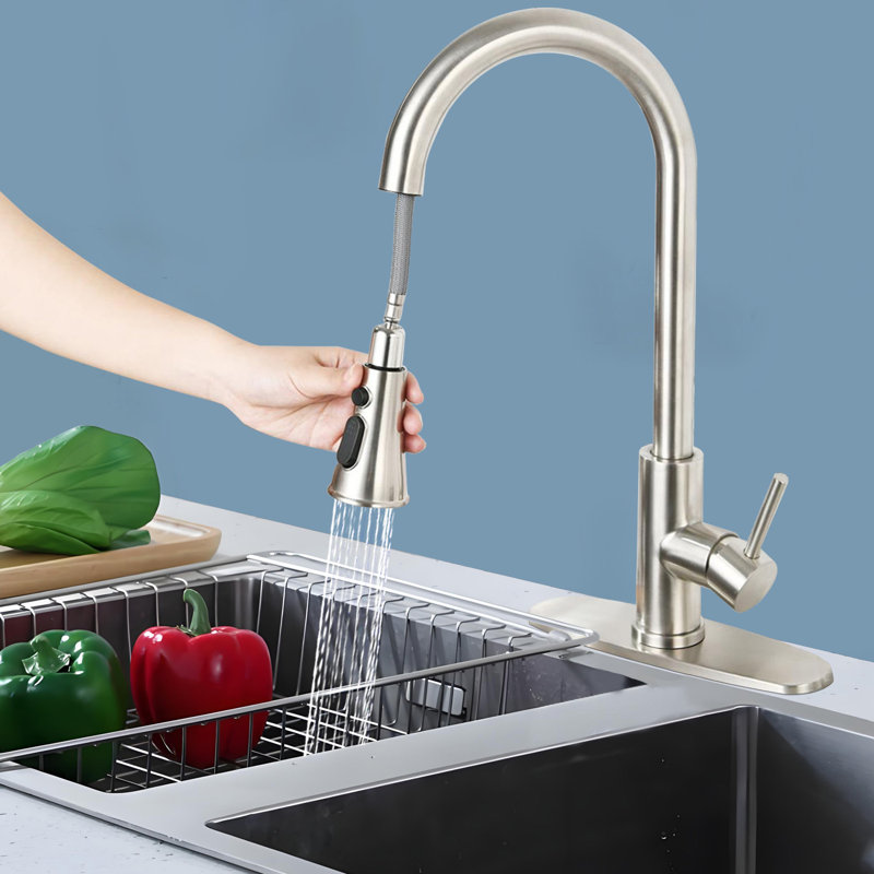 Kitchen Faucets With Pull Down Sprayer, Brushed Nickel, High Arc Single Handle Classic Stainless Steel Sink Faucet 1 Hole, Suitable For Farmhouse Camper Laundry Rv Bar