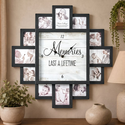 Horloge murale collage photo « Souvenirs » 50 x 50 cm, cadre photo noir style ferme pouvant contenir 12 photos, fonctionne à piles, idéale pour décorer une chambre de bébé, une chambre d'enfant, un salon ou pour créer des souvenirs de famille.
