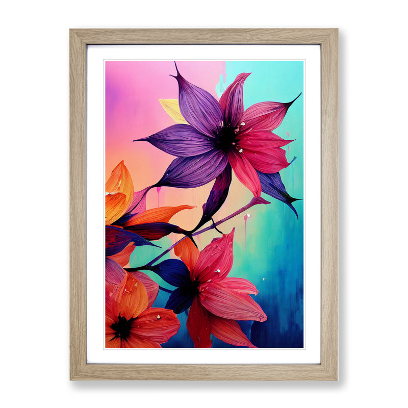 XV1022-3169X Paint Drip Flowers No.3 - Single Picture Frame Print, Oak, 34cm H x 25cm W x 2cm D