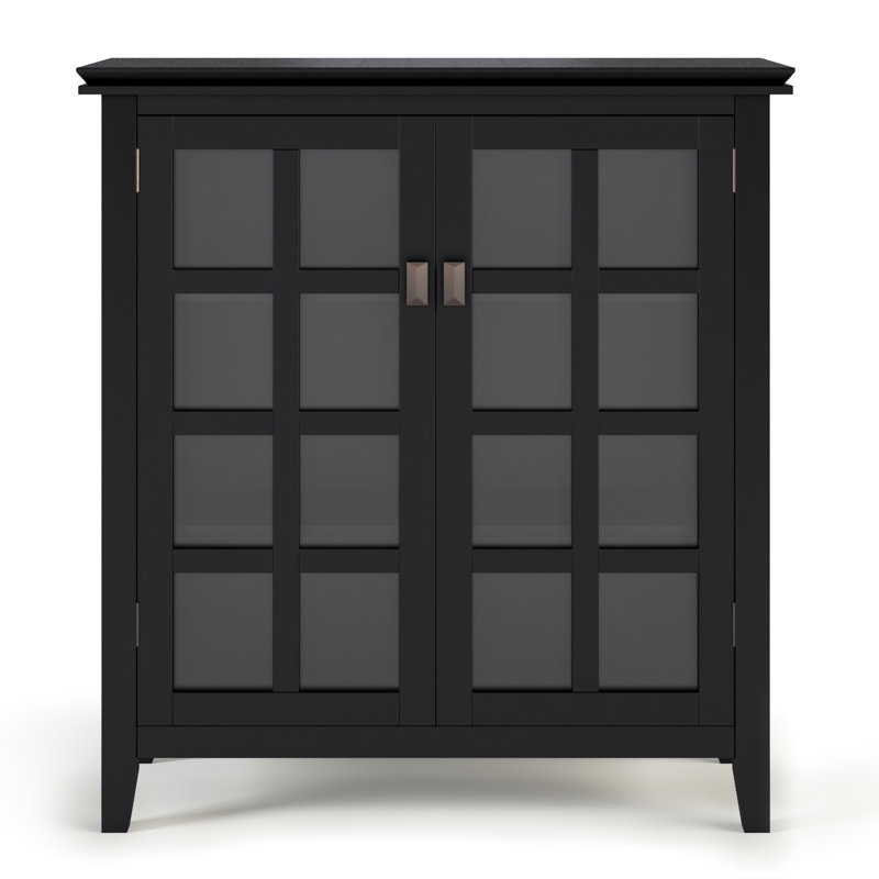 Simpli Home Artisan 38"W Solid Wood 4-Shelf Medium Storage Cabinet with Glass Doors and Adjustable Shelves