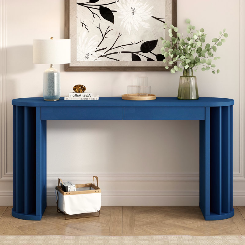 Console de 59 po de long avec placard en chêne et pied de table à nervures verticales avec 2 tiroirs pour l'entrée